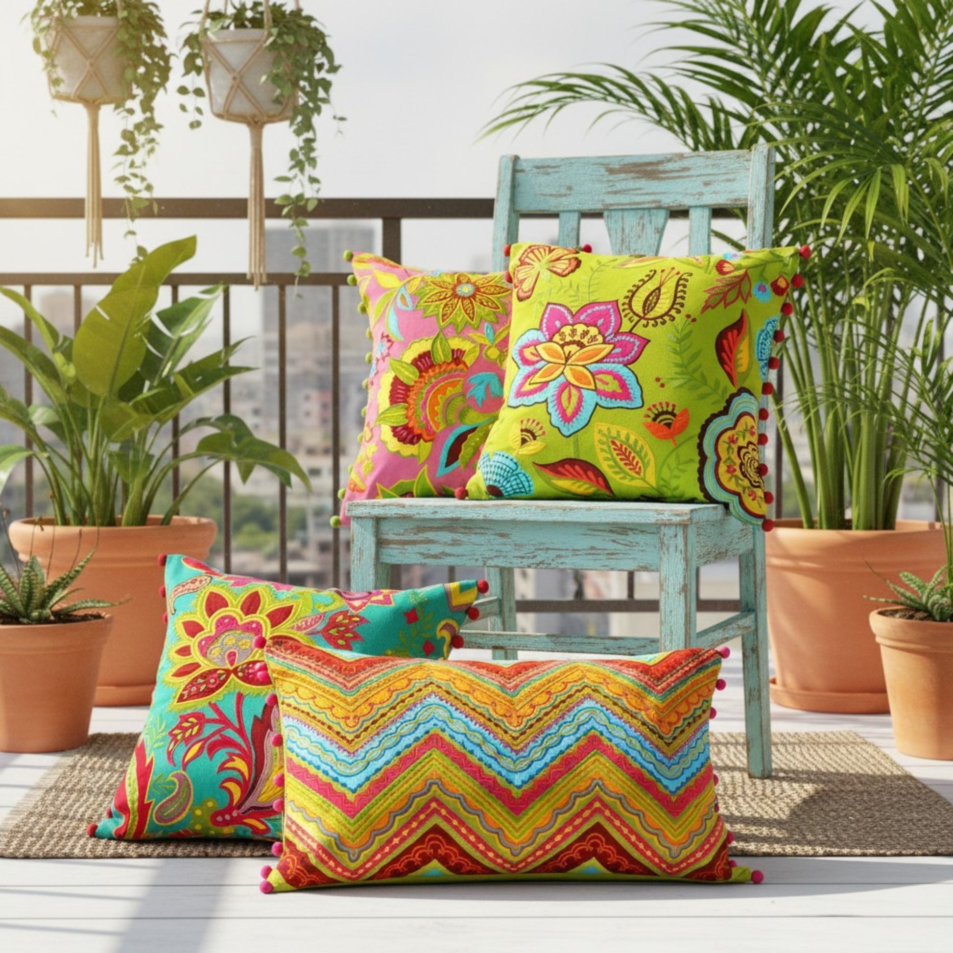 Stylized Floral - Green Embroidered & Appliqué Cushion Cover | 100% Cotton | Boho Decor - Vliving