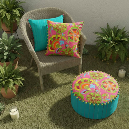 Stylized floral - Embroidered bright pink pouf cover - Vliving