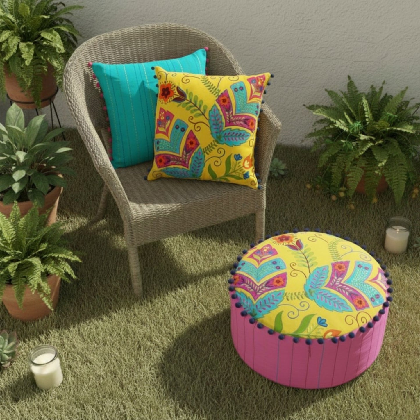 Stylized floral - embroidered yellow pouf cover - Vliving