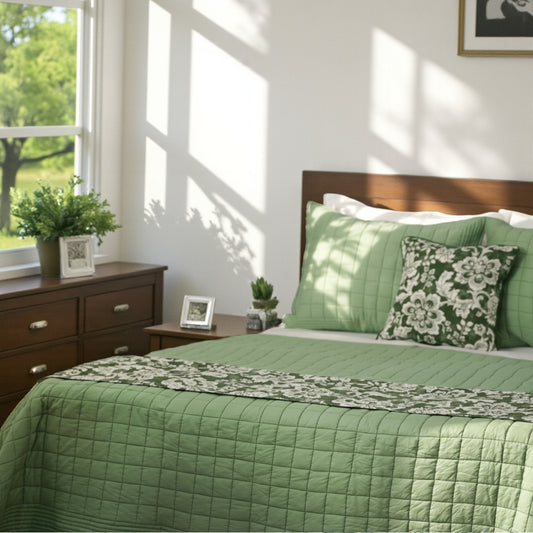 Sage Green Kantha Quilt Bed Set | Diamond Pattern with Striped Border | Cotton Voile | Handmade