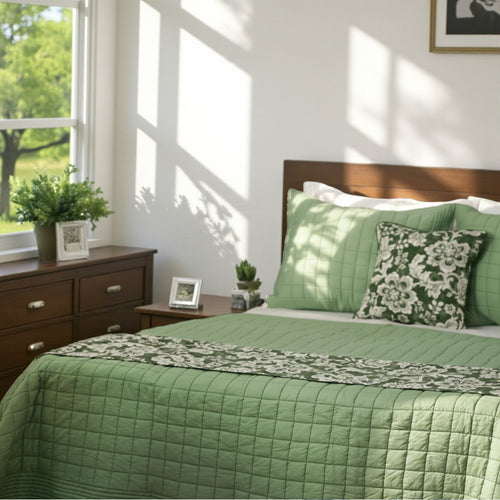 Sage Green Kantha Quilt Bed Set | Diamond Pattern with Striped Border | Cotton Voile | Handmade