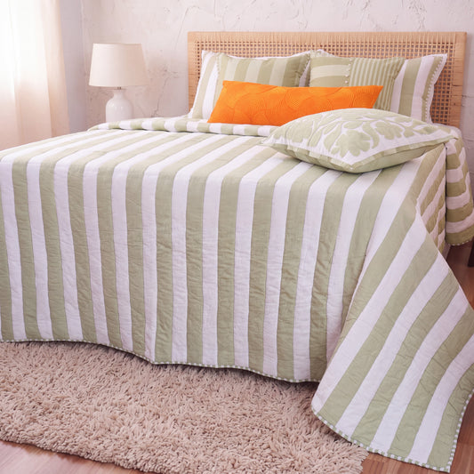 CABANA CLUB - Sage Green and White Stripe Cotton Quilt Set | Stripe Pattern Quilting