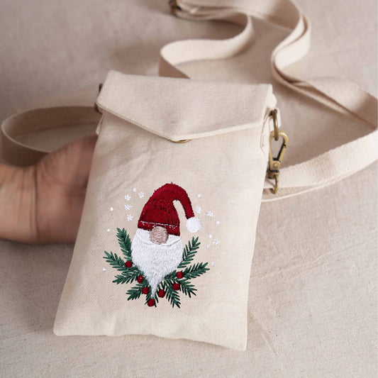 CHRISTMAS SANTA Embroidered Canvas Sling Bag – 5X8 inches - Compact Crossbody with Zip Pocket