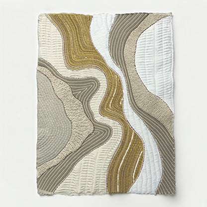 Quilted Textile WALL ART, Natural textures & Gold zari, unframed