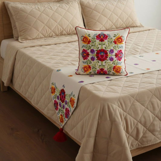 MATYO - Embroidered Bed Runner Set – Off white with multicolour Embroidery and tassel
