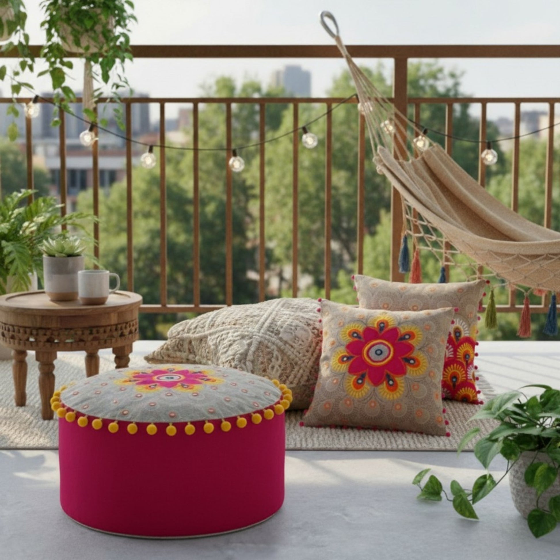Pouf cover, linen, cotton, multicolor embroidery, tribal, bohemian, ottoman cover, pompoms, Indian craft, 22X12 inches - Vliving
