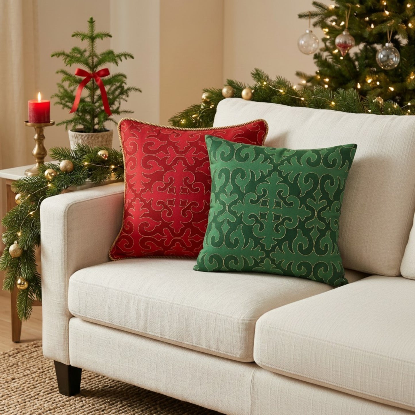 Christmas Red Shyrdak Print Cushion Cover – Gold Zari Embroidery & Twisted Cord Piping - Vliving