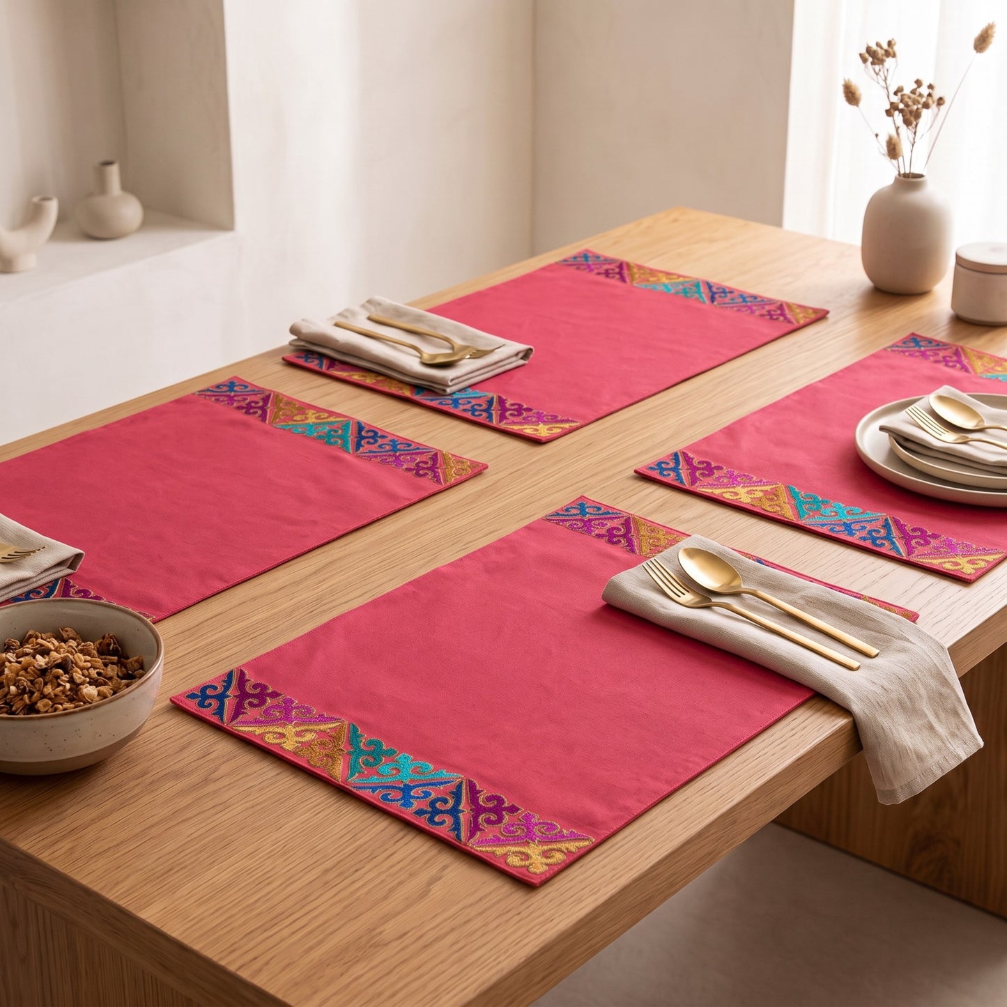 Kashidakaari Coral Red Placemat | Embroidered Geometric Border | Shyrdak-Inspired | 100% Cotton