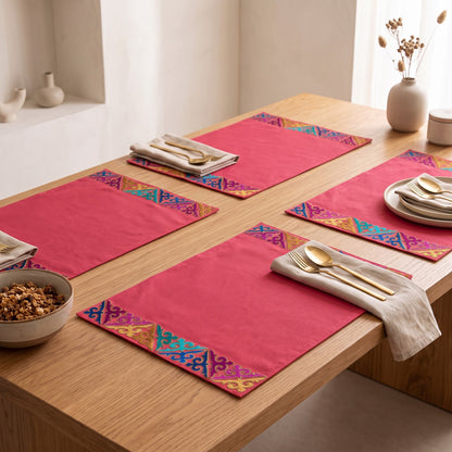 Kashidakaari Coral Red Placemat | Embroidered Geometric Border | Shyrdak-Inspired | 100% Cotton
