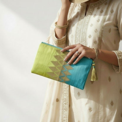 Turquoise & Green Ikat Silk Evening Clutch with Gold Embroidery