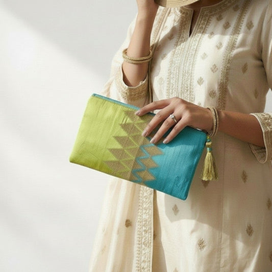 Turquoise & Green Ikat Silk Evening Clutch with Gold Embroidery
