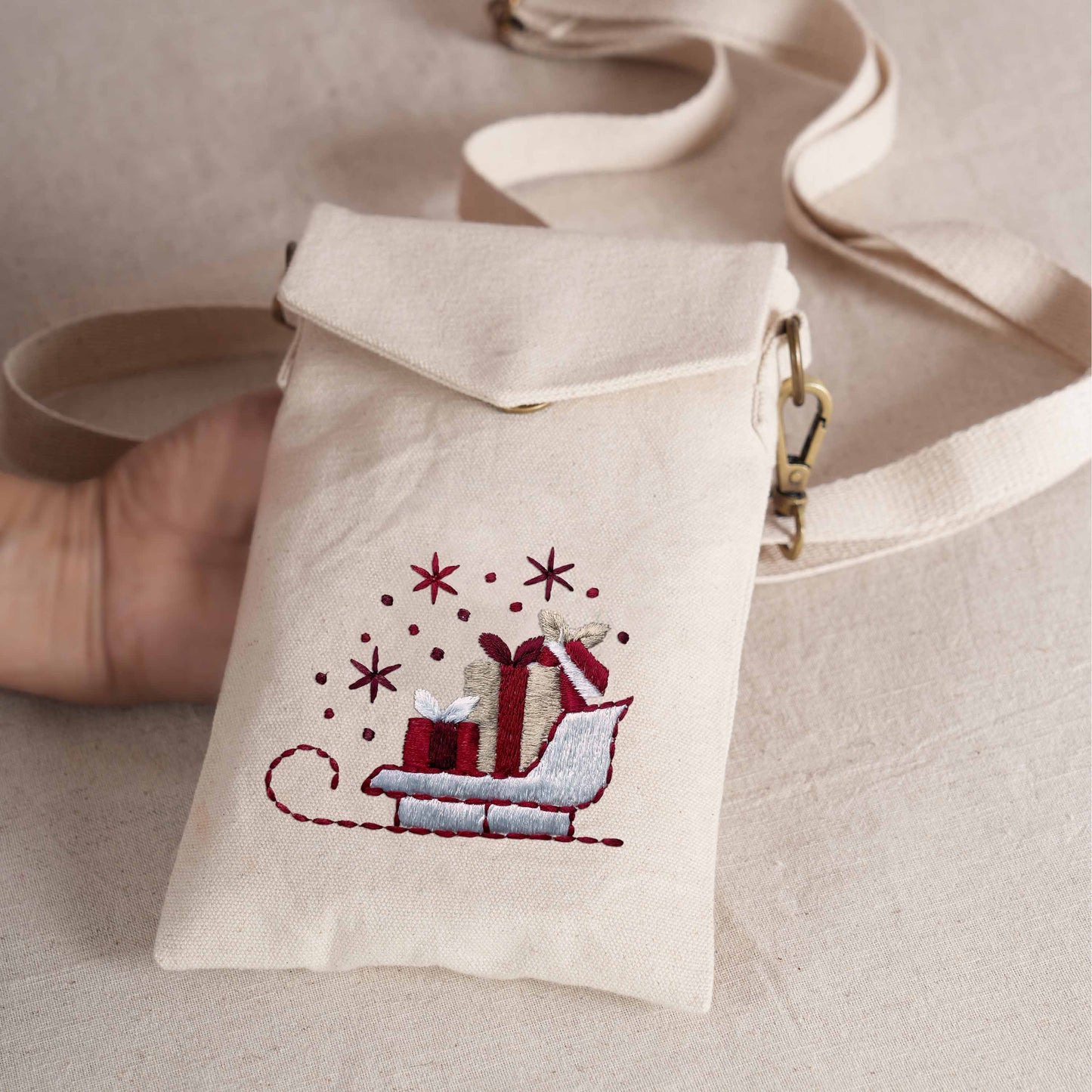 CHRISTMAS SLEDGE Embroidered Canvas Sling Bag – 5X8 inches - Compact Crossbody with Zip Pocket
