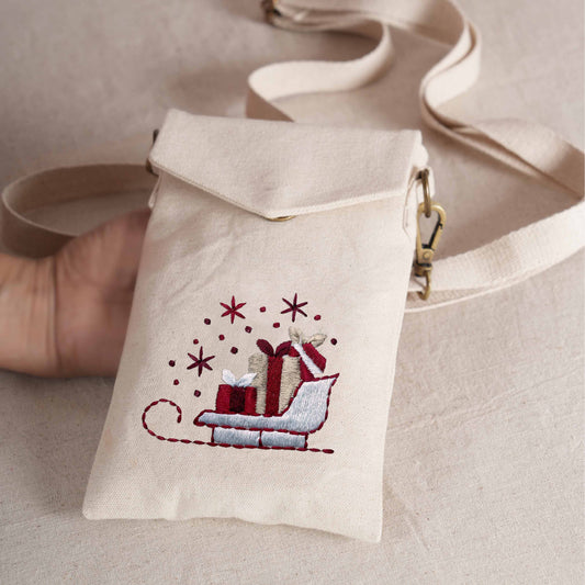 CHRISTMAS SLEDGE Embroidered Canvas Sling Bag – 5X8 inches - Compact Crossbody with Zip Pocket