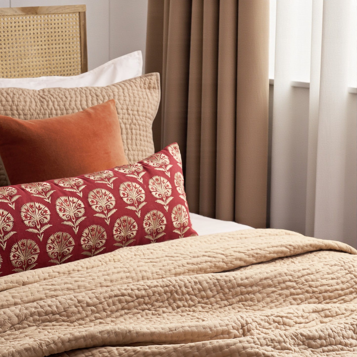 Fawn Beige Kantha Cotton Quilt | Stripe Pattern | Handmade | Single, Queen & King