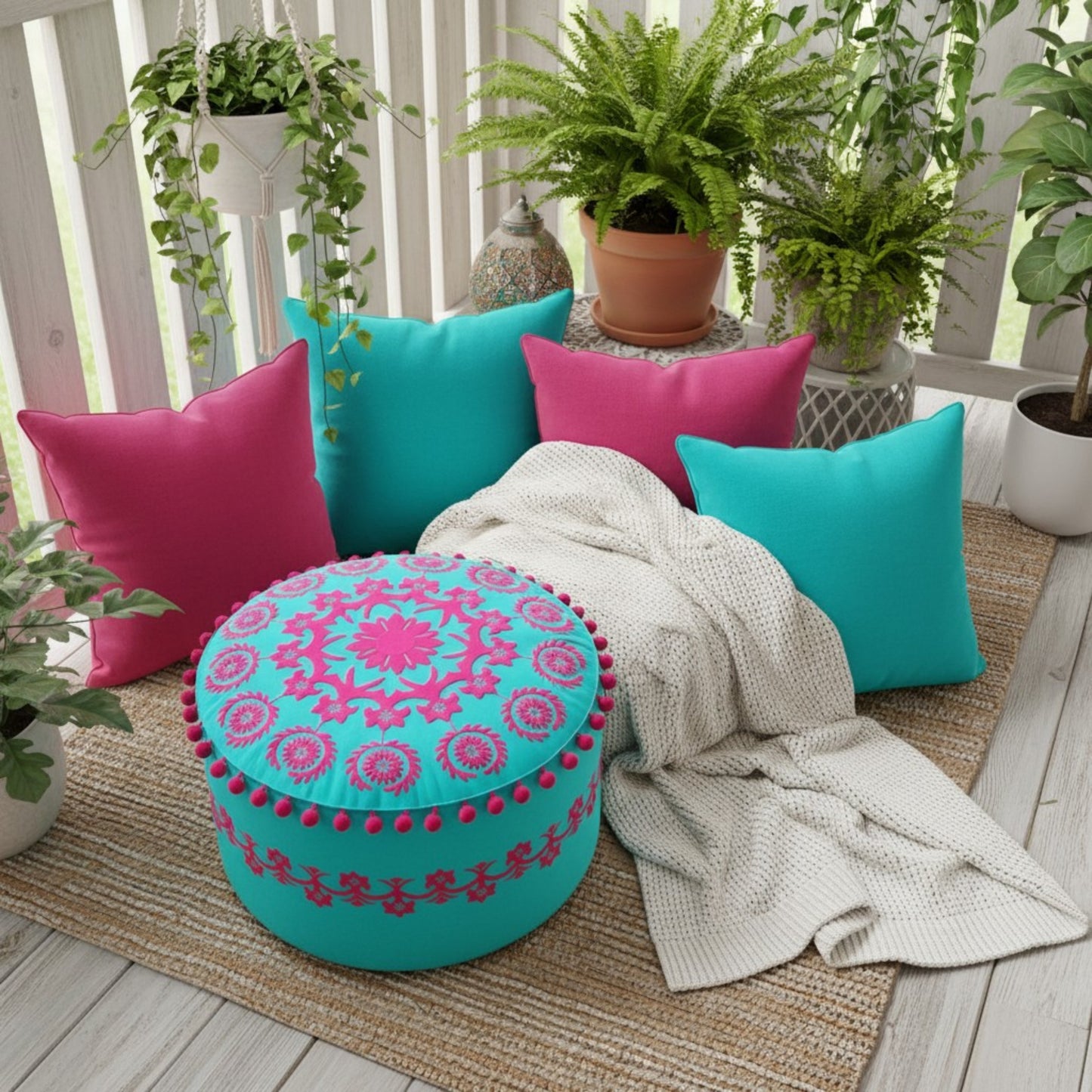 Suzani - Turquoise Pouf cover, embroidered bohemian ottoman cover with pompoms, 22X12 inches - Vliving