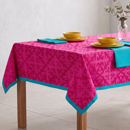 Shyrdak Hot Pink Cotton Tablecloth – Tone-on-Tone Scroll Print with Turquoise Border | 2 Sizes