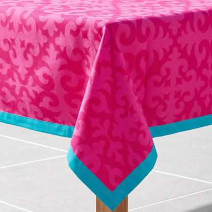 Shyrdak Hot Pink Cotton Tablecloth – Tone-on-Tone Scroll Print with Turquoise Border | 2 Sizes