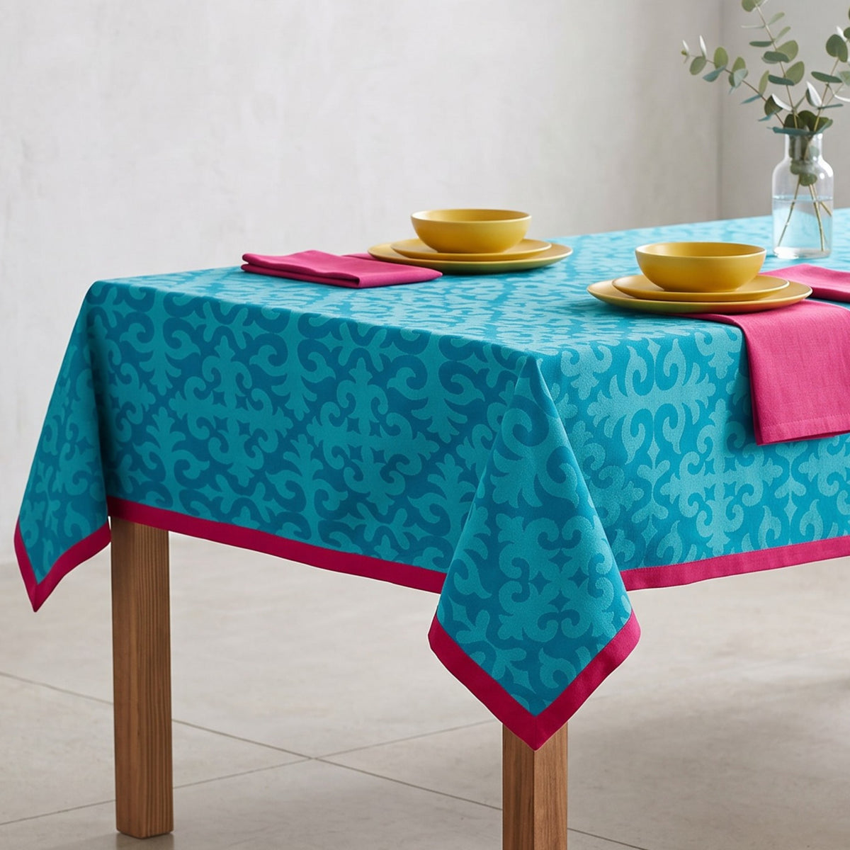 Shyrdak Turquoise Cotton Tablecloth – Tone-on-Tone Scroll Print with Hot Pink Border | 2 Sizes