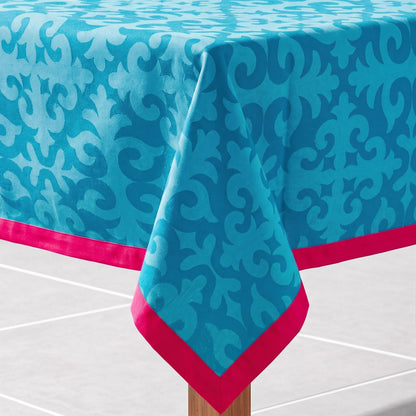 Shyrdak Turquoise Cotton Tablecloth – Tone-on-Tone Scroll Print with Hot Pink Border | 2 Sizes