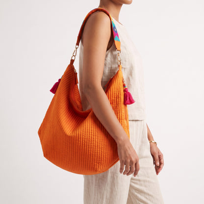 Faux Silk Quilted Hobo Bag | Tangerine | Hand Embroidered Handle | 3 Handle Sizes