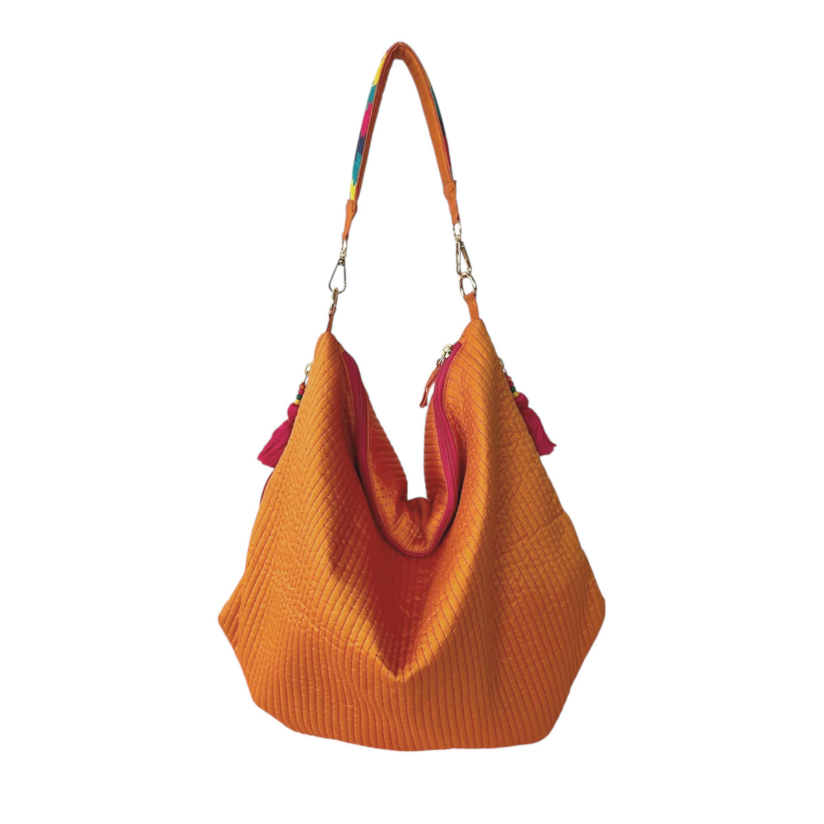 Faux Silk Quilted Hobo Bag | Tangerine | Hand Embroidered Handle | 3 Handle Sizes