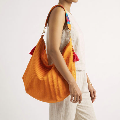 Faux Silk Quilted Hobo Bag | Tangerine | Hand Embroidered Handle | 3 Handle Sizes
