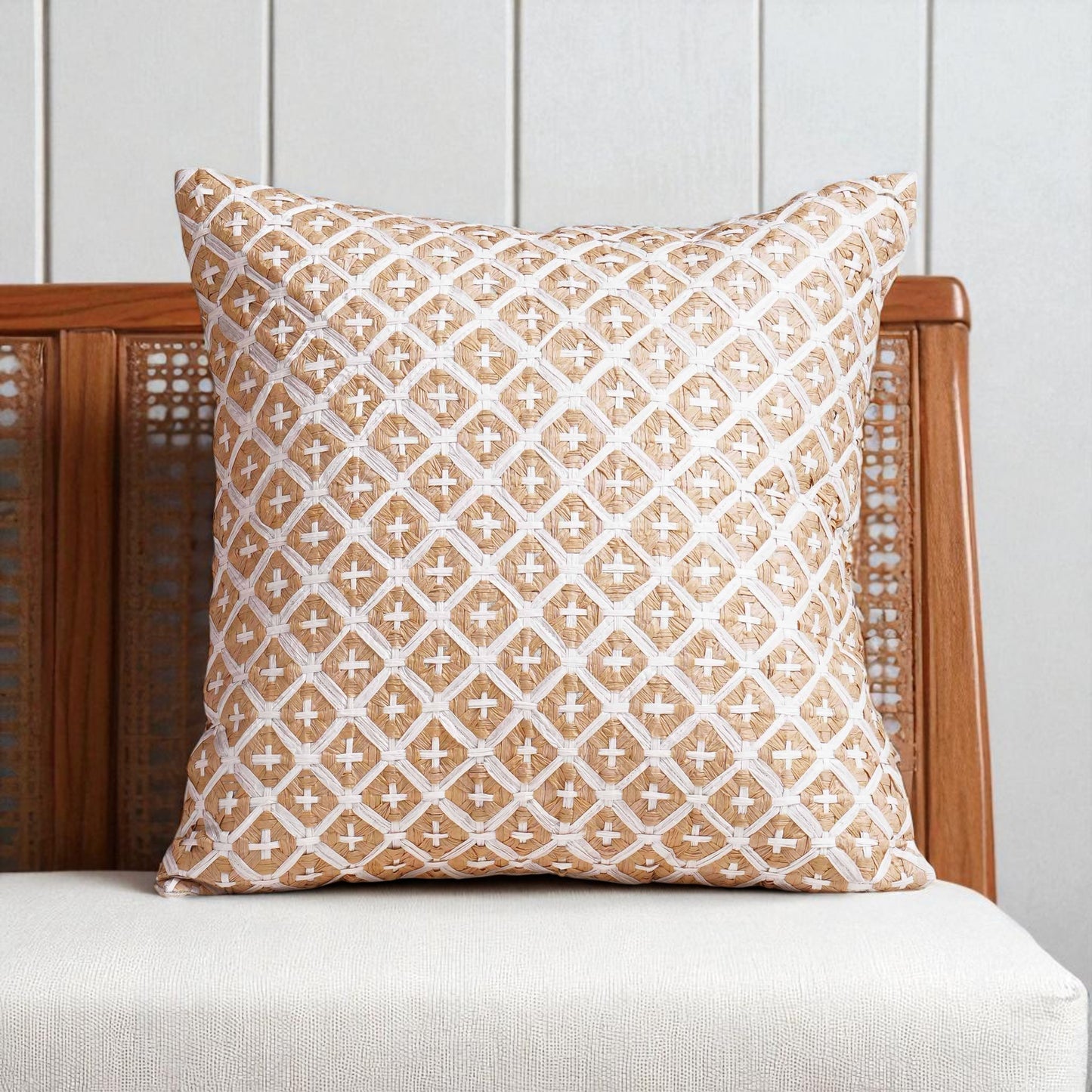 PURE ELEMENTS - Luxury Hand-Interlaced Faux Raffia Pillow Cover – 18x18 inches - cross pattern