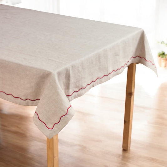 Pure Linen table cloth with wave embroidery in red and white colour, sizes available