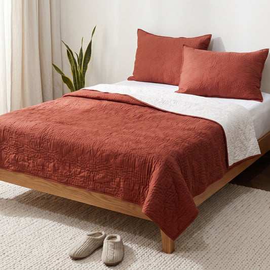 Rust Kantha Quilted Bed Set | Chevron Pattern | Handmade | Twin, Queen & King