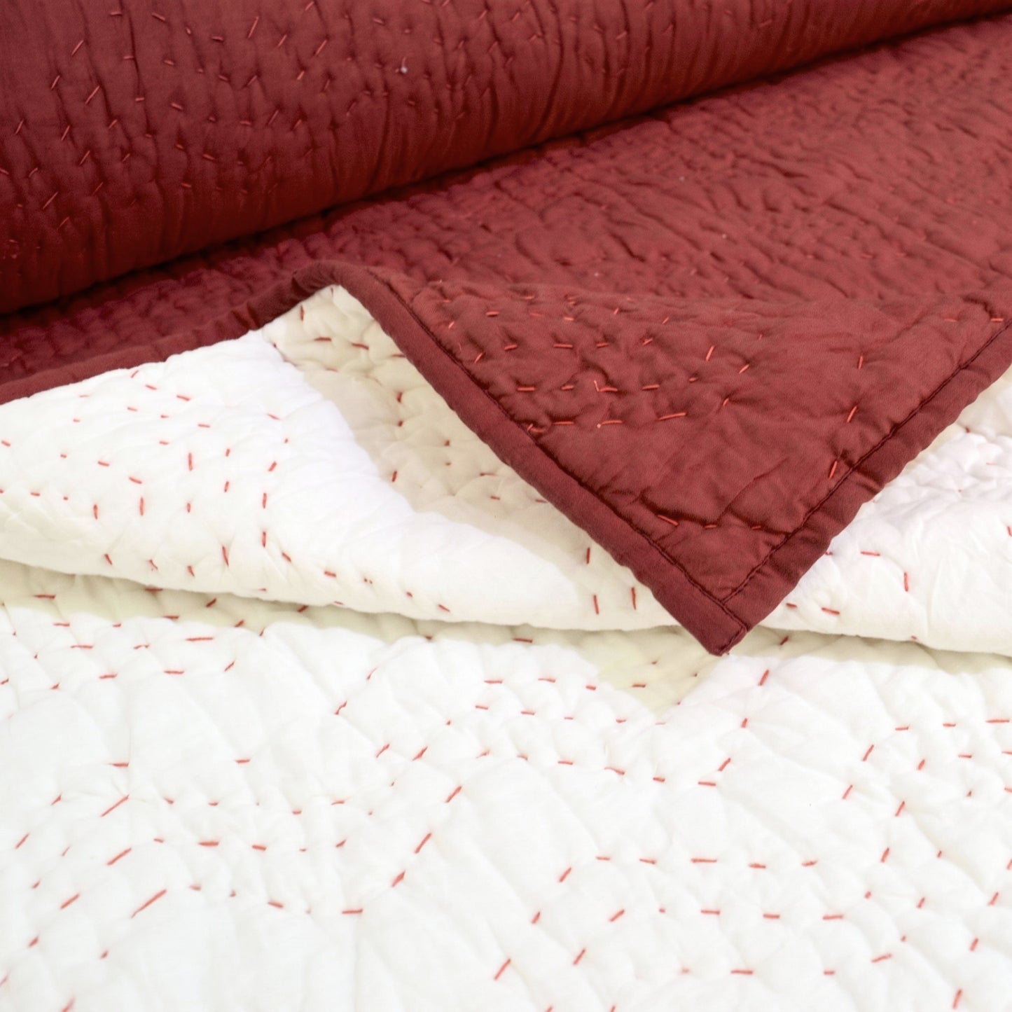 Terracotta Kantha Quilt | Chevron Pattern Quilting | Handmade Cotton Bedspread