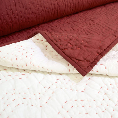 Terracotta Kantha Quilt | Chevron Pattern Quilting | Handmade Cotton Bedspread
