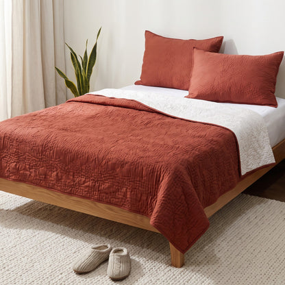 Terracotta Kantha Quilt | Chevron Pattern Quilting | Handmade Cotton Bedspread