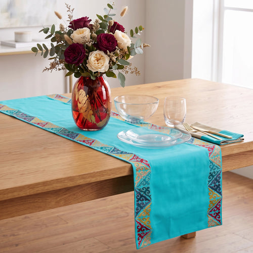 Kashidakaari Turquoise Table Runner | Geometric Border Embroidery | Cotton | 4 & 6 Seater