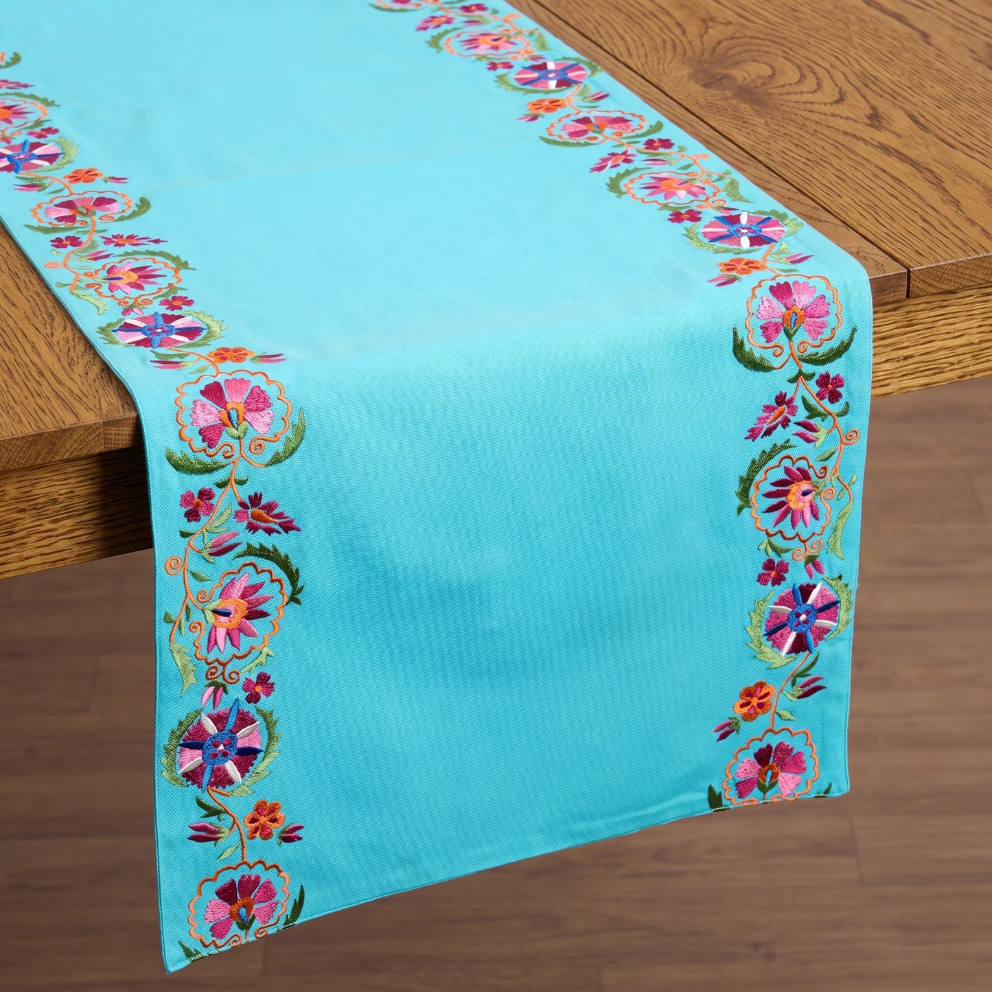 Kashidakaari Turquoise Table Runner | Embroidered Suzani Border | 100% Cotton - Vliving