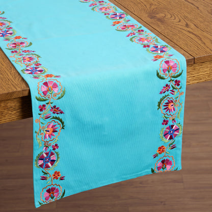 Kashidakaari Turquoise Table Runner | Embroidered Suzani Border | 100% Cotton - Vliving