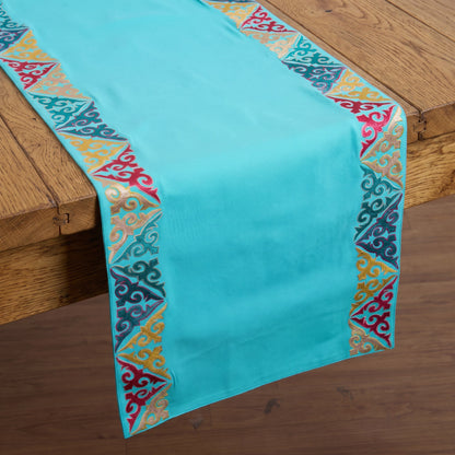 Kashidakaari Turquoise Table Runner | Geometric Border Embroidery | Cotton | 4 & 6 Seater