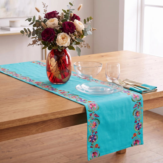 Kashidakaari Turquoise Table Runner | Embroidered Suzani Border | 100% Cotton