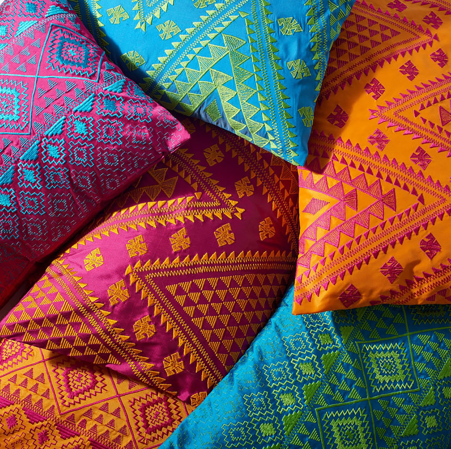 Kilim Pattern Embroidered Cushion Cover – Orange & Pink Poly Taffeta, 3 Sizes - Vliving