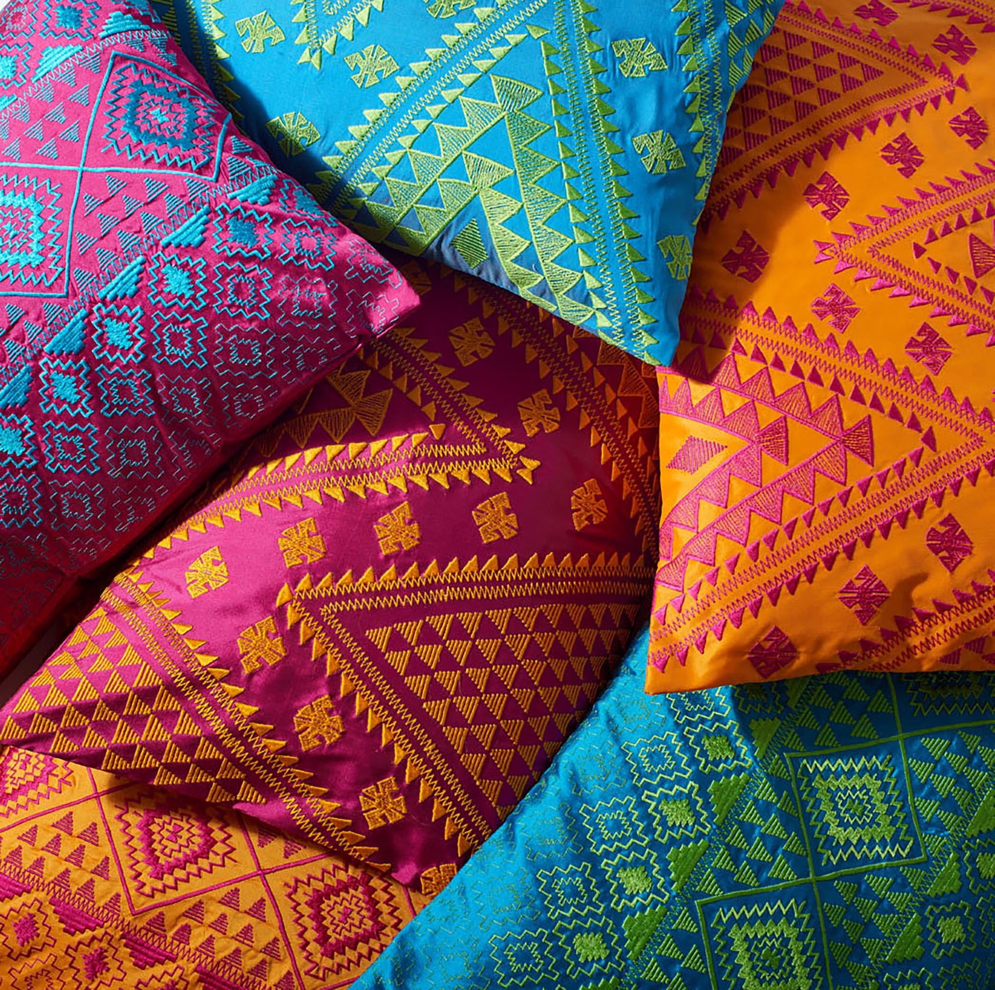Kilim Pattern Embroidered Cushion Cover – Orange & Pink Poly Taffeta, 3 Sizes - Vliving