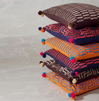 Mola Inspired Tangerine Orange Embroidered Cushion Cover – Blue & Pink Pompom Corners, 3 Sizes - Vliving