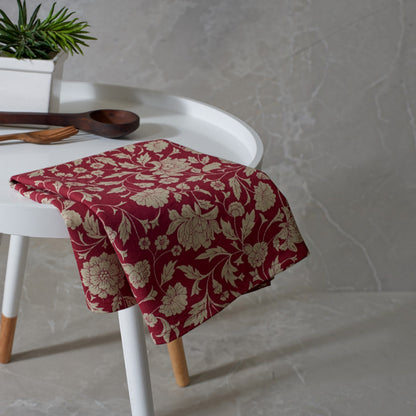 Kalamkari Marsala Cotton Kitchen Towel – Floral Print on Beige | Set of 2 or 4 | 20×28" - Vliving