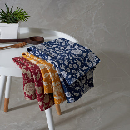 Kalamkari Indigo Cotton Kitchen Towel – Floral Print on Off-White | Set of 2 or 4 | 20×28" - Vliving