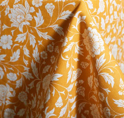 Yellow Kalamkari Cotton Tablecloth – White Floral Print | 3 Sizes | Vliving