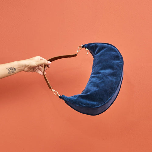 Blue Velvet Crescent Half Moon Purse | Detachable Embroidered & Leather Handle | 13 × 6.5 inches