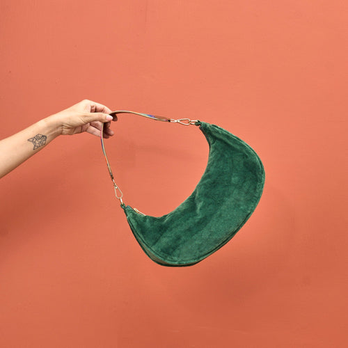 Green Velvet Crescent Half Moon Purse | Detachable Embroidered & Leather Handle | 13 × 6.5 inches