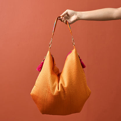 Faux Silk Quilted Hobo Bag | Tangerine | Hand Embroidered Handle | 3 Handle Sizes