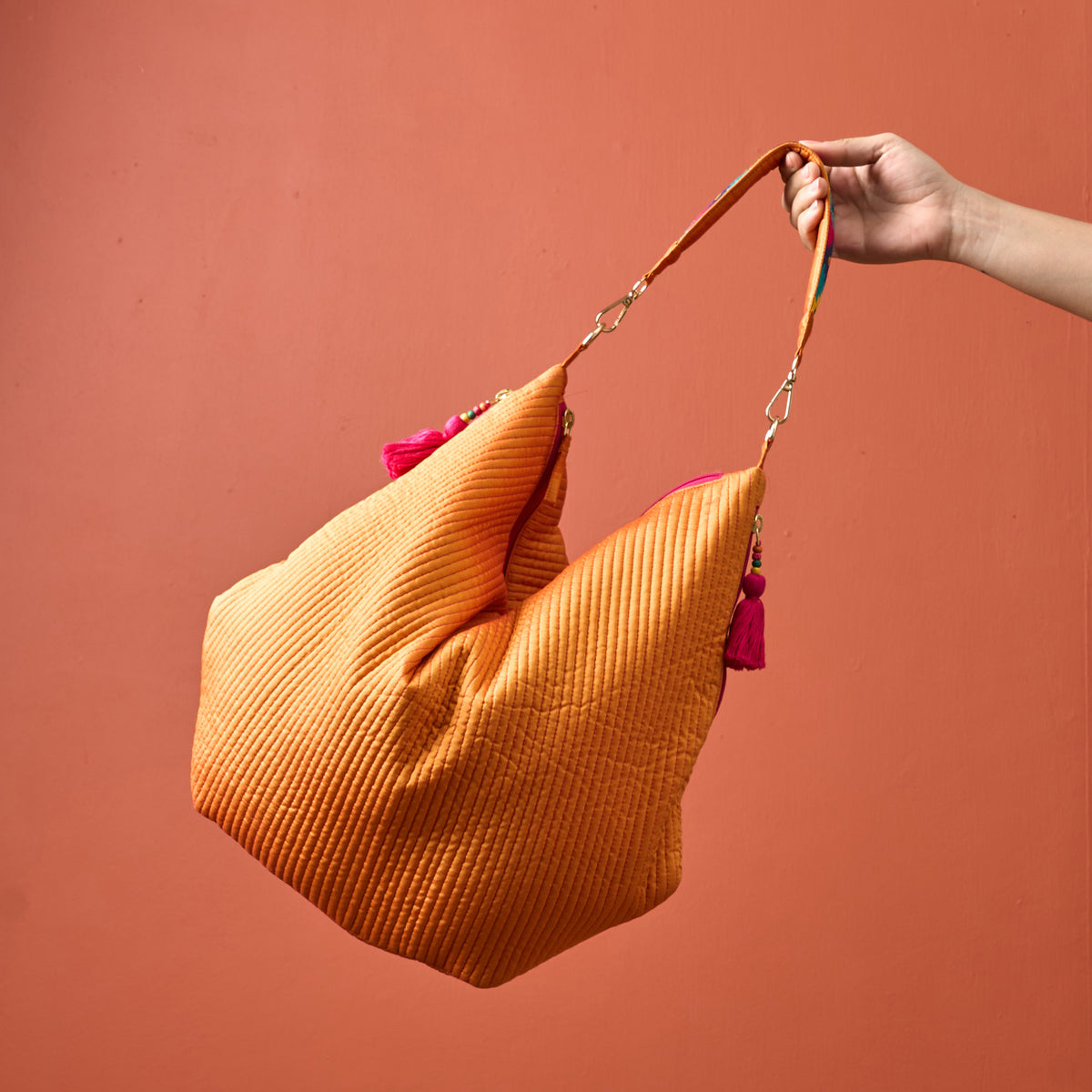 Faux Silk Quilted Hobo Bag | Tangerine | Hand Embroidered Handle | 3 Handle Sizes
