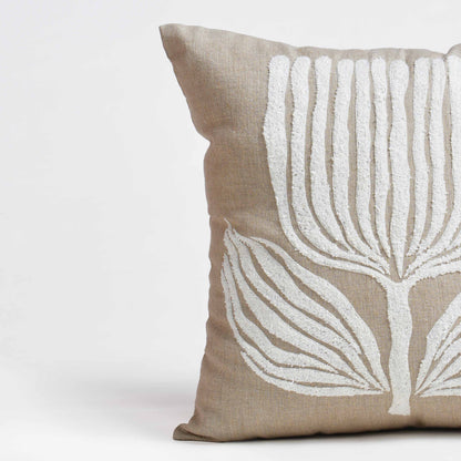 PURE ELEMENTS -Pure Linen Pillow Cover with White Aari Embroidery – Scandinavian Floral | 18x18 inches