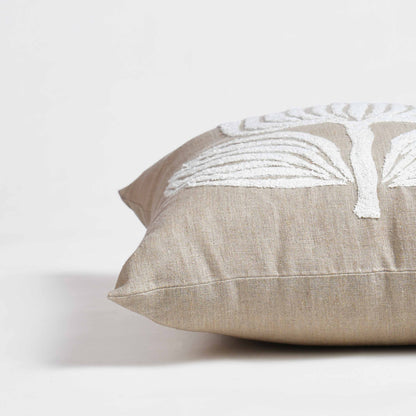 PURE ELEMENTS -Pure Linen Pillow Cover with White Aari Embroidery – Scandinavian Floral | 18x18 inches