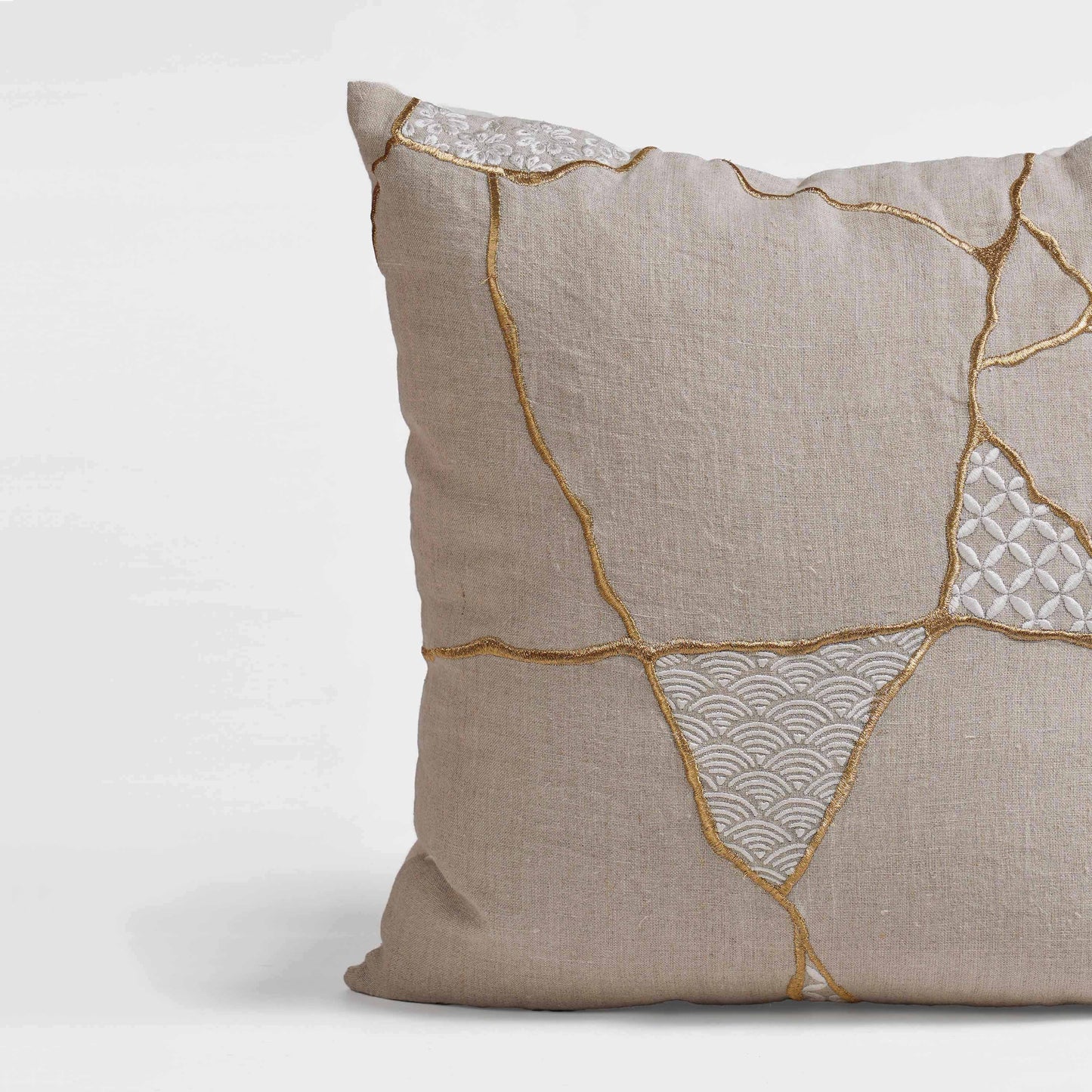 KINTSUGI Embroidered Linen Pillow Cover – 18x18 Inch, Gold & White Embroidery, Medium Mend
